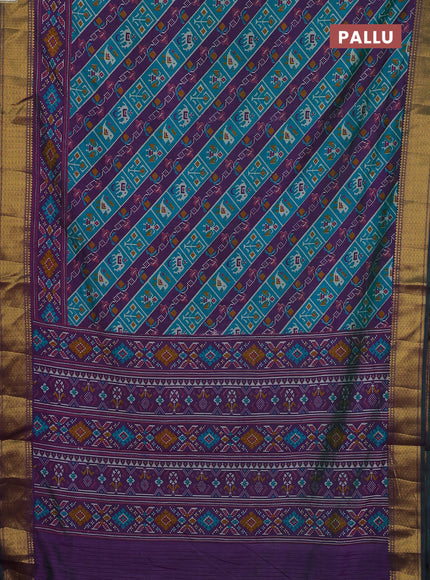 Semi tussar saree teal green and purple with allover patola prints and zari woven border
