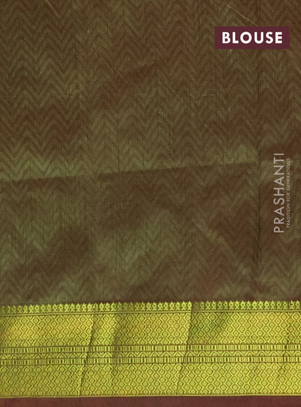 Semi tussar saree dual shade of pinkish orange and green with allover ikat prints and zari woven border