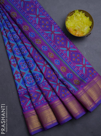 Semi tussar saree blue and dark pink with allover ikat prints and zari woven border