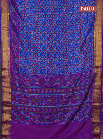 Semi tussar saree blue and dark pink with allover ikat prints and zari woven border