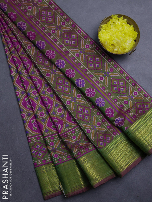 Semi tussar saree dark pink and mehendi green with allover ikat prints and zari woven border