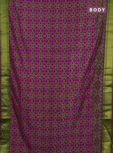 Semi tussar saree dark pink and mehendi green with allover ikat prints and zari woven border