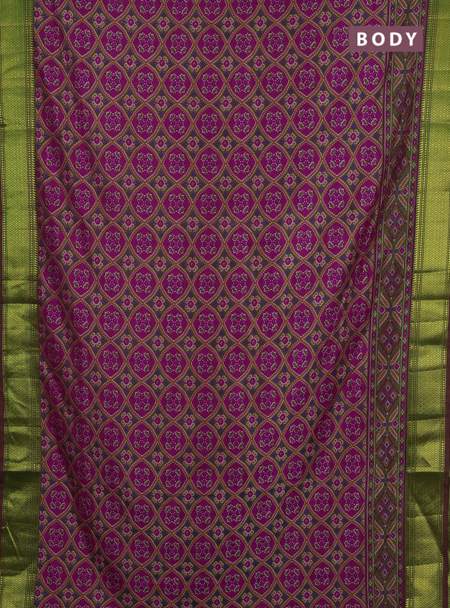 Semi tussar saree dark pink and mehendi green with allover ikat prints and zari woven border