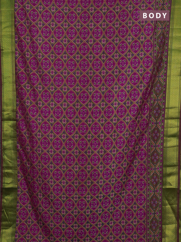 Semi tussar saree dark pink and mehendi green with allover ikat prints and zari woven border