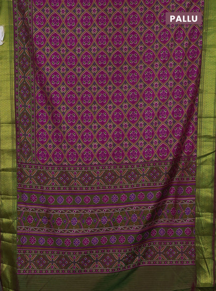 Semi tussar saree dark pink and mehendi green with allover ikat prints and zari woven border