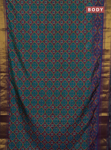 Semi tussar saree teal green and purple with allover ikat prints and zari woven border