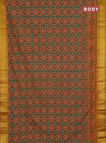 Semi tussar saree green and mustard yellow with allover ikat prints and zari woven border