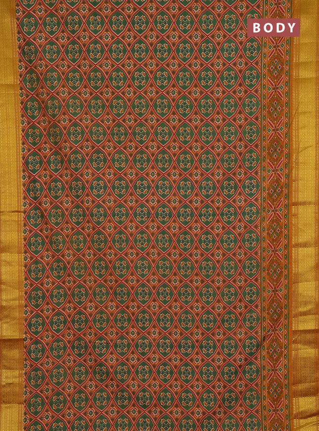 Semi tussar saree green and mustard yellow with allover ikat prints and zari woven border