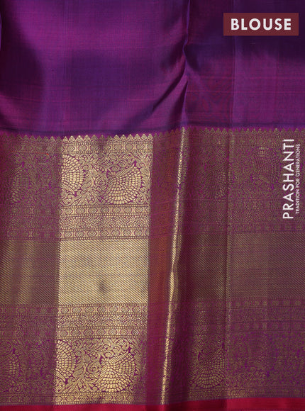 Pure kanchipuram silk saree yellow and purple with allover zari woven brocade weaves and long rich zari woven border