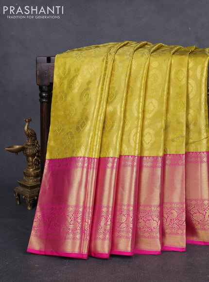 Pure kanchipuram tissue silk saree yellow and pink with allover zari woven butta weaves and long rich zari woven border
