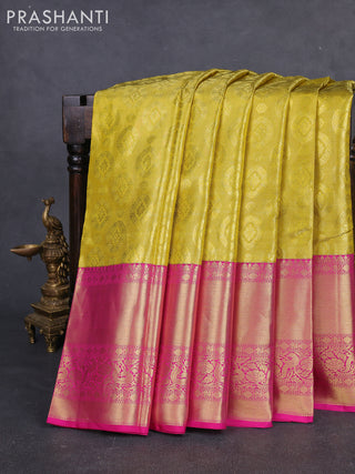 Pure kanchipuram tissue silk saree yellow and pink with allover zari woven butta weaves and long rich zari woven border