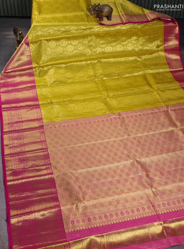 Pure kanchipuram tissue silk saree yellow and pink with allover zari woven butta weaves and long rich zari woven border