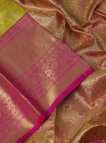 Pure kanchipuram tissue silk saree yellow and pink with allover zari woven butta weaves and long rich zari woven border