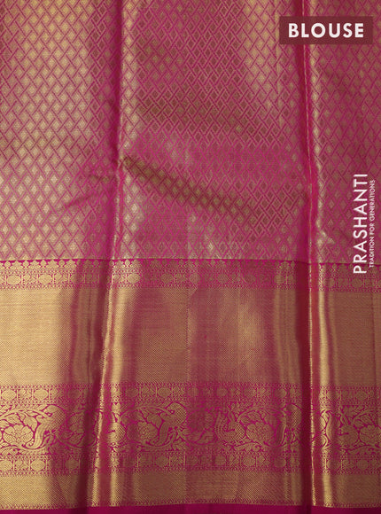 Pure kanchipuram tissue silk saree yellow and pink with allover zari woven butta weaves and long rich zari woven border