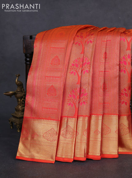 Pure kanchipuram silk saree orange with allover zari woven brocade weaves and rich zari woven border