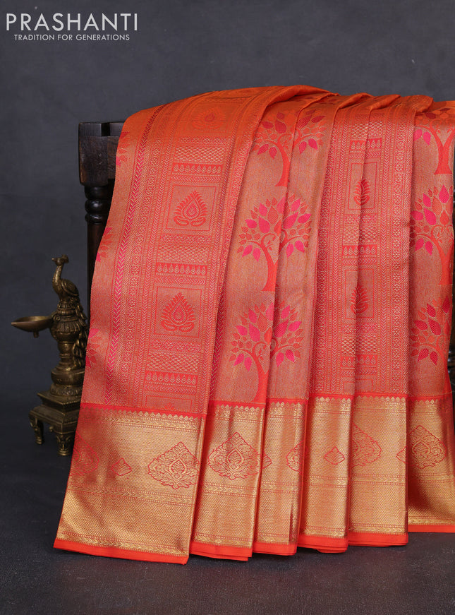 Pure kanchipuram silk saree orange with allover zari woven brocade weaves and rich zari woven border