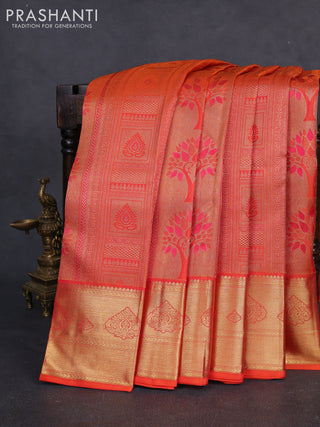 Pure kanchipuram silk saree orange with allover zari woven brocade weaves and rich zari woven border