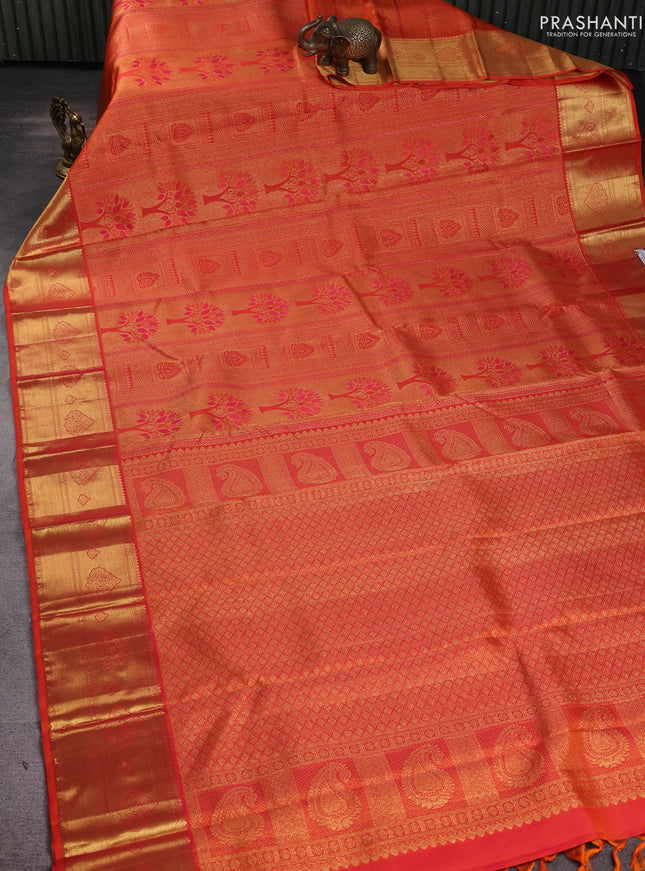 Pure kanchipuram silk saree orange with allover zari woven brocade weaves and rich zari woven border