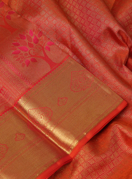 Pure kanchipuram silk saree orange with allover zari woven brocade weaves and rich zari woven border