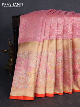 Pure kanchipuram silk saree peach pink and gold with allover zari woven brocade weaves and long tissue floral design border