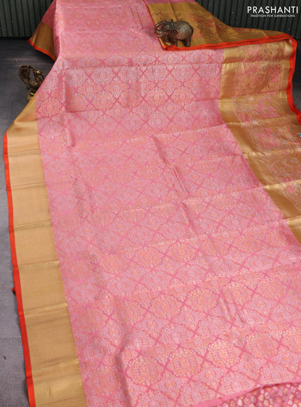 Pure kanchipuram silk saree peach pink and gold with allover zari woven brocade weaves and long tissue floral design border