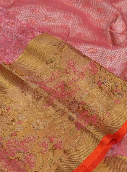Pure kanchipuram silk saree peach pink and gold with allover zari woven brocade weaves and long tissue floral design border