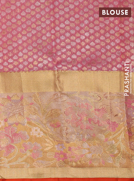 Pure kanchipuram silk saree peach pink and gold with allover zari woven brocade weaves and long tissue floral design border