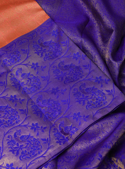 Pure kanchipuram silk saree peach orange and blue with allover zari woven brocade weaves and long zari woven banarasi border