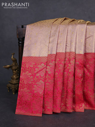 Pure kanchipuram tissue silk saree dual shade of mild lavender and pink with allover zari woven floral brocade weaves and long zari woven banarasi border