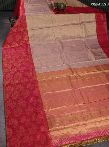 Pure kanchipuram tissue silk saree dual shade of mild lavender and pink with allover zari woven floral brocade weaves and long zari woven banarasi border