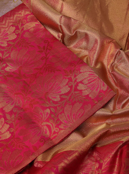 Pure kanchipuram tissue silk saree dual shade of mild lavender and pink with allover zari woven floral brocade weaves and long zari woven banarasi border