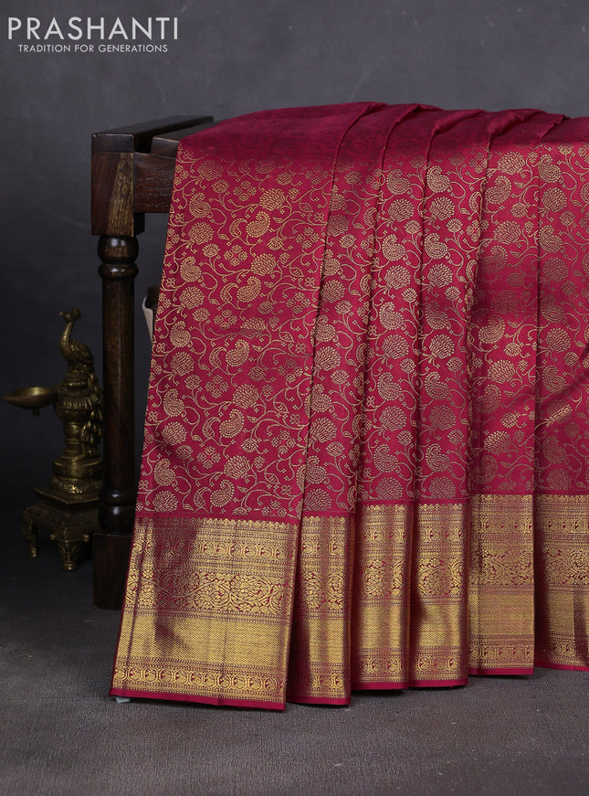 Pure kanchipuram silk saree maroon with allover zari woven brocade weaves and rich zari woven border