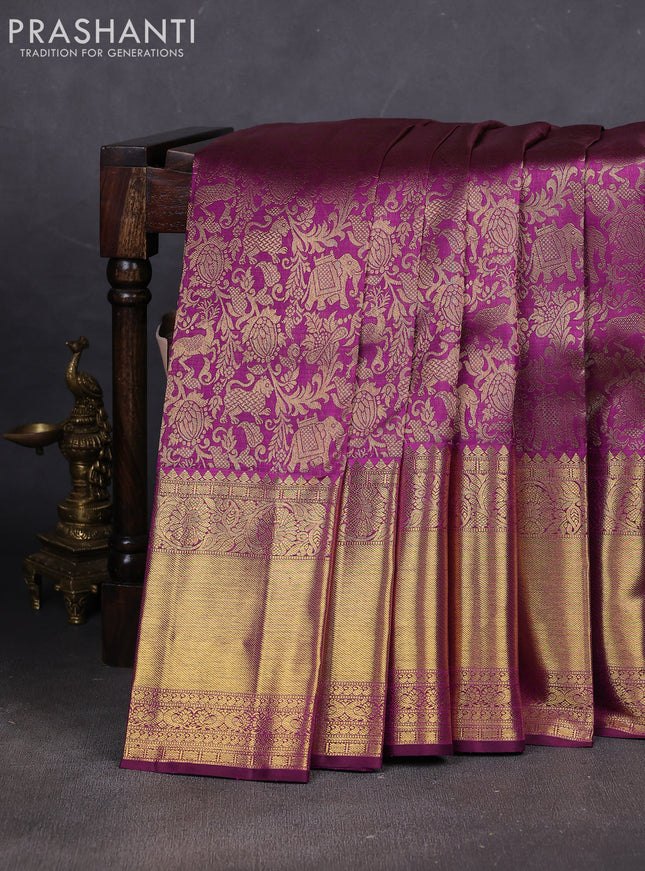 Pure kanchipuram silk saree purple with allover zari woven brocade weaves and long zari woven border