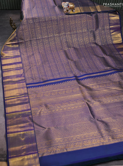 Pure kanchipuram silk saree dual shade of blue with allover zari woven brocade weaves and rich zari woven border