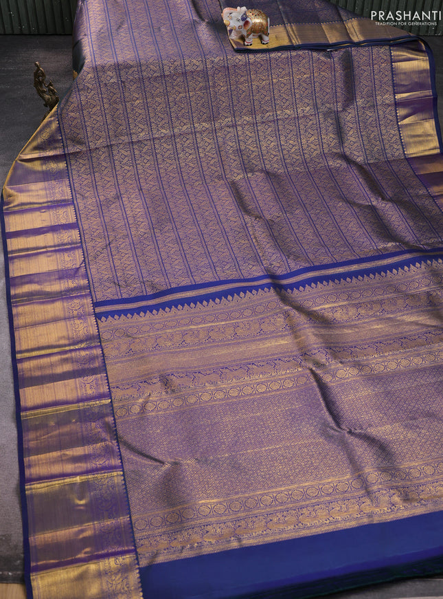 Pure kanchipuram silk saree dual shade of blue with allover zari woven brocade weaves and rich zari woven border