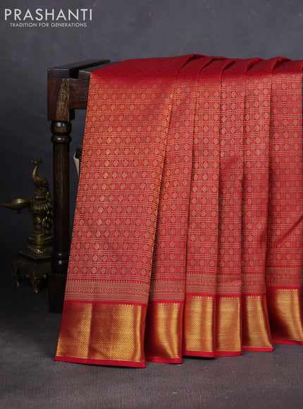 Pure kanchipuram silk saree red with allover small zari checks & buttas and rich zari woven border