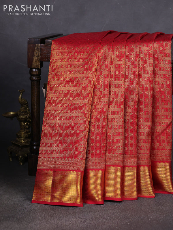 Pure kanchipuram silk saree red with allover small zari checks & buttas and rich zari woven border
