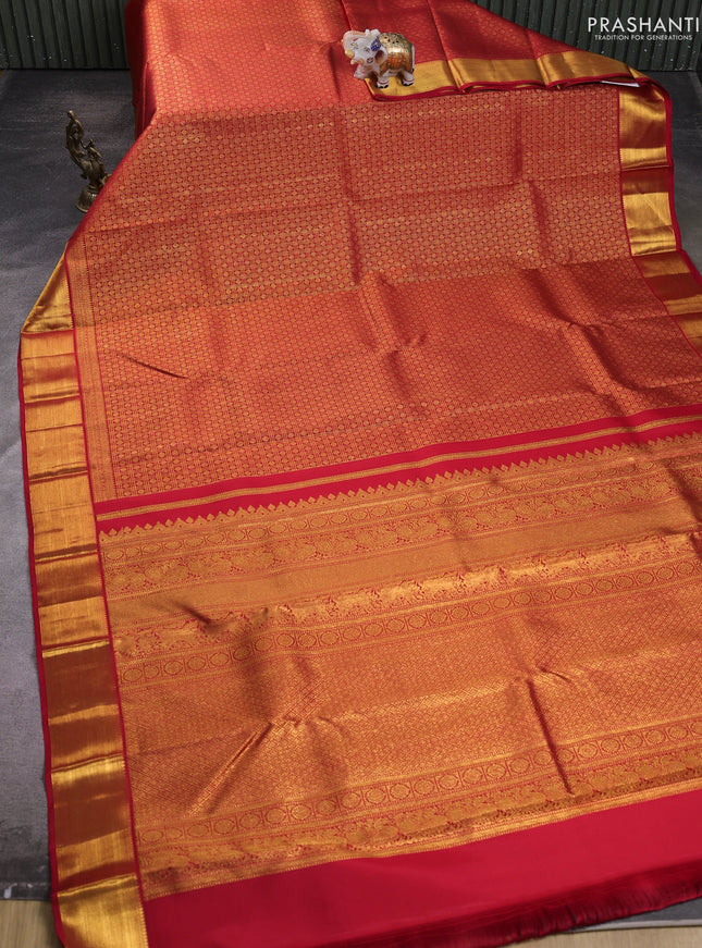 Pure kanchipuram silk saree red with allover small zari checks & buttas and rich zari woven border