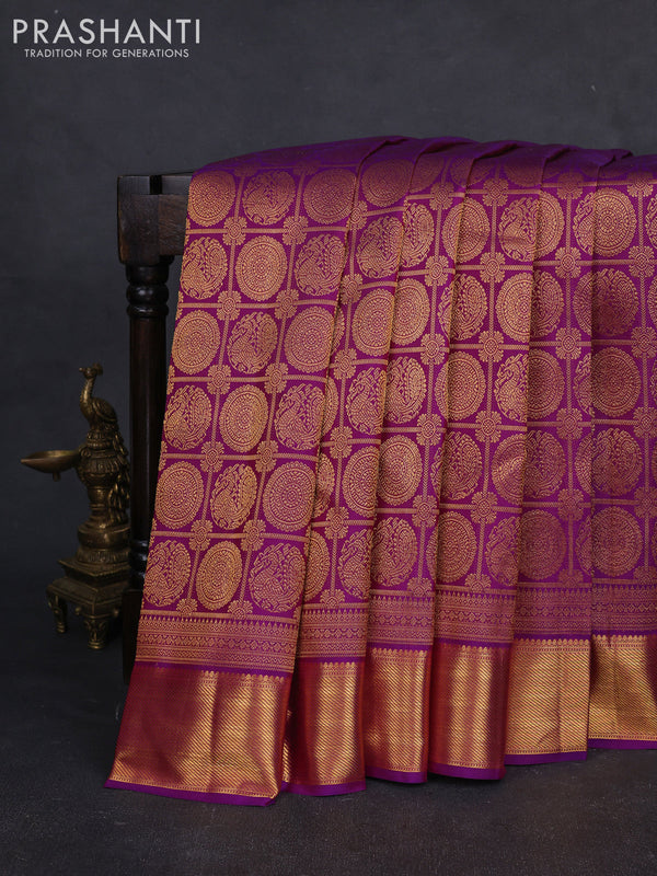 Pure kanchipuram silk saree purple with allover zari woven mayil chakram brocade weaves and rich zari woven border