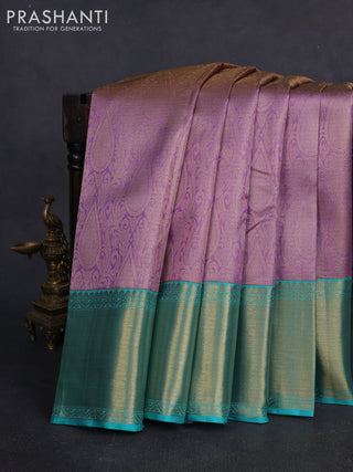 Pure kanchipuram silk saree mild lavender and teal green with allover zari woven brocade weaves and rich zari woven border