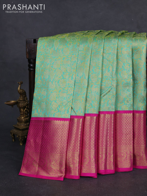 Pure kanchipuram silk saree teal and pink with allover zari woven gandaberunda design and long rich zari woven border