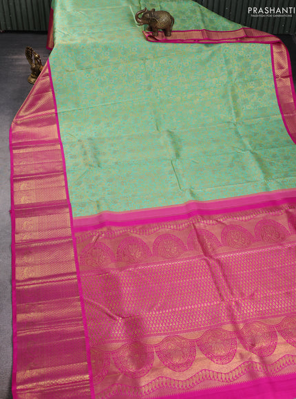 Pure kanchipuram silk saree teal and pink with allover zari woven gandaberunda design and long rich zari woven border