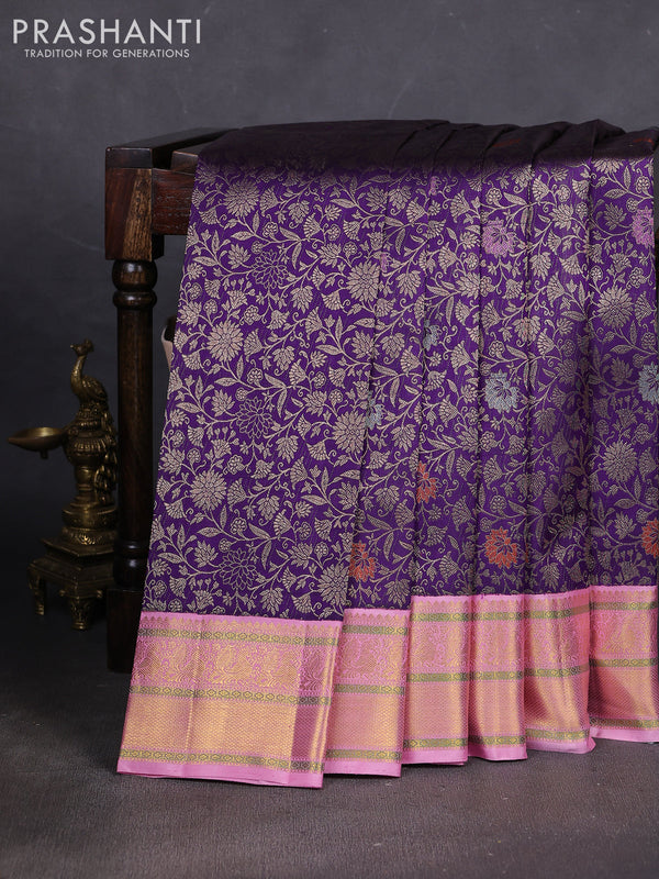Pure kanchipuram silk saree violet and light pink with allover zari woven meena butta weaves and rich zari woven border