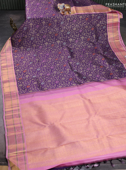 Pure kanchipuram silk saree violet and light pink with allover zari woven meena butta weaves and rich zari woven border