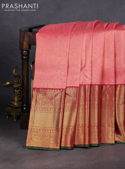 Pure kanchipuram silk saree peach shade and maroon with allover zari woven brocade weaves and long rich zari woven border