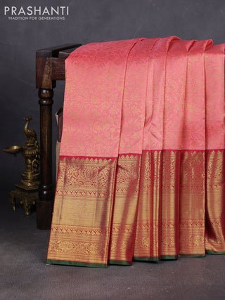 Pure kanchipuram silk saree peach shade and maroon with allover zari woven brocade weaves and long rich zari woven border