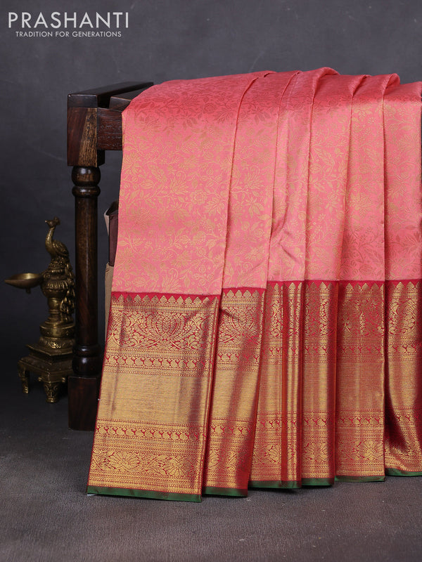 Pure kanchipuram silk saree peach shade and maroon with allover zari woven brocade weaves and long rich zari woven border