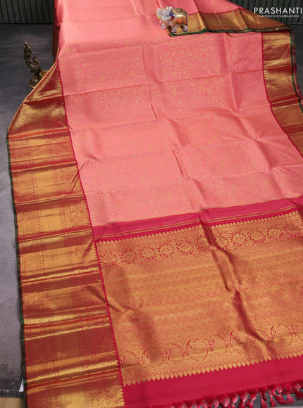 Pure kanchipuram silk saree peach shade and maroon with allover zari woven brocade weaves and long rich zari woven border