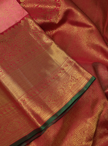 Pure kanchipuram silk saree peach shade and maroon with allover zari woven brocade weaves and long rich zari woven border