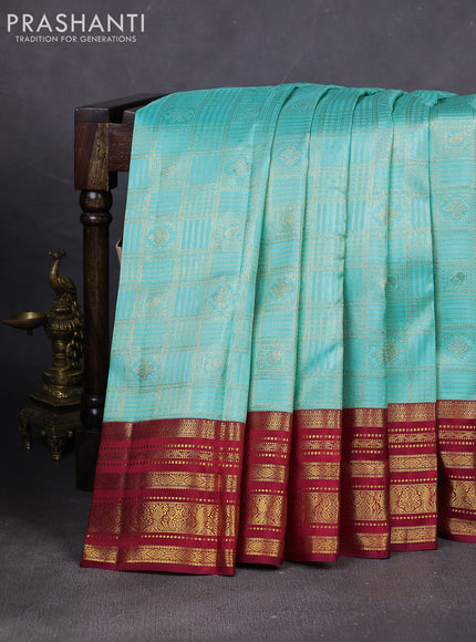 Pure kanchipuram silk saree light blue and maroon with allover zari woven brocade weaves and rich zari woven border